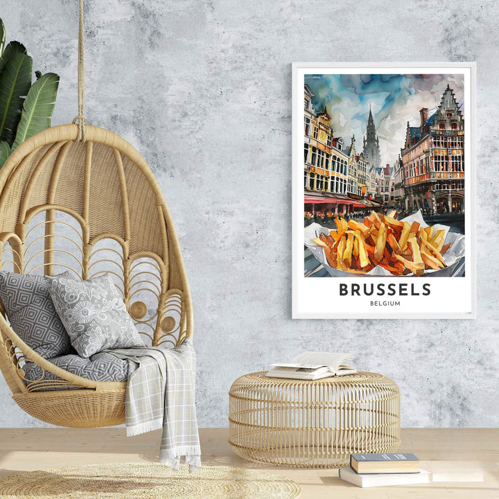 An enchanting watercolor poster capturing the culinary tradition and stunning architecture of Brussels Grand Place in Belgium. Offered by MapYourDreams, this artwork is available in flexible options including unframed paper, custom wooden frames, and gallery canvas wraps.
