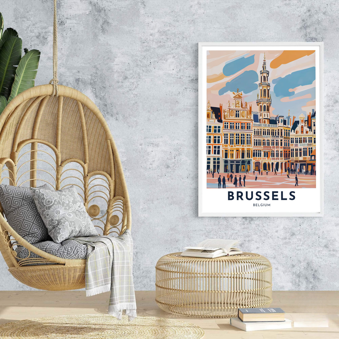 An enchanting art poster capturing the vibrant spirit and architectural majesty of Brussels Grand Place in Belgium in vector pastel style. Offered by MapYourDreams, this artwork is available in flexible options including unframed paper, custom wooden frames, and gallery canvas wraps.