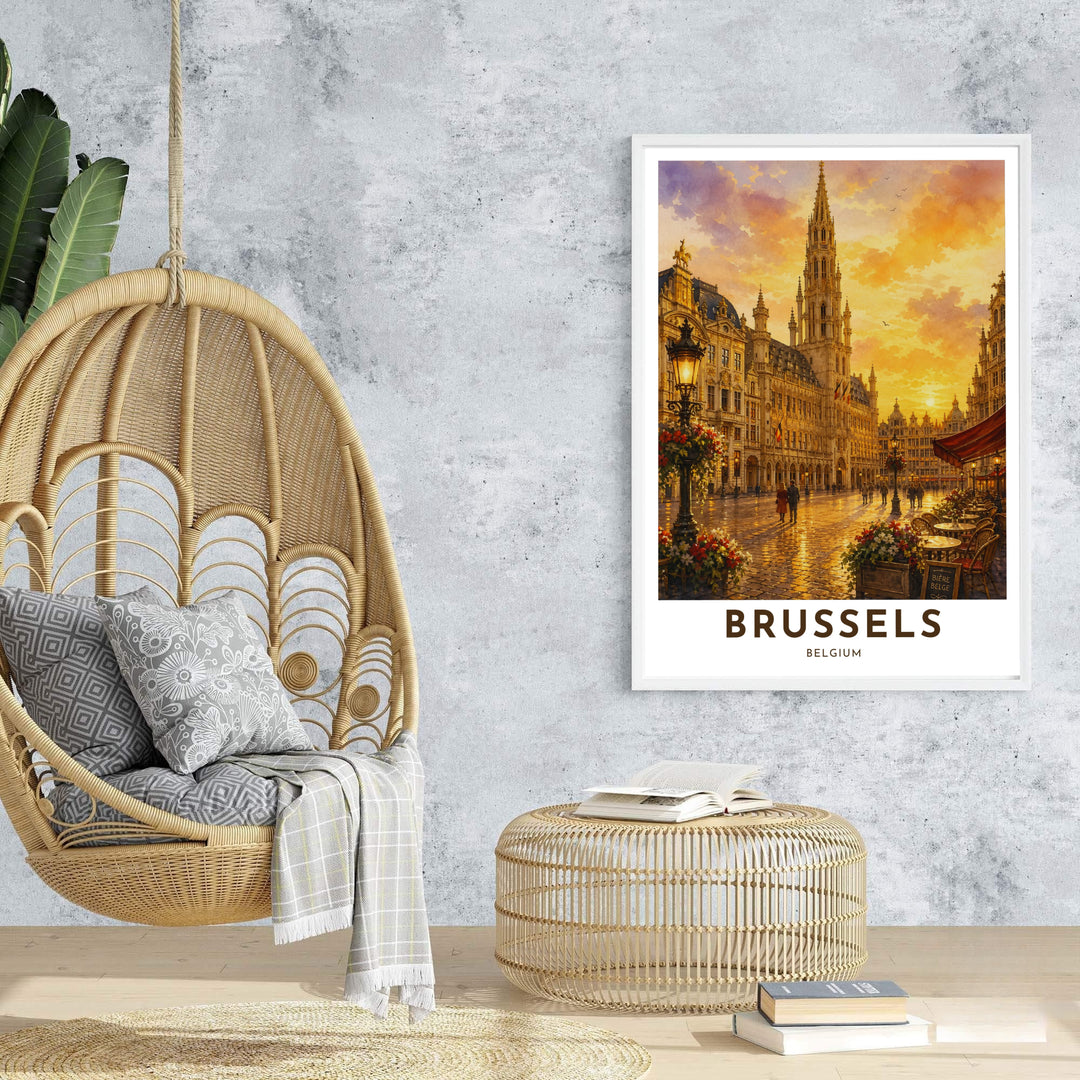 An enchanting art poster capturing the golden hour glow and architectural majesty of Brussels Grand Place in Belgium. Offered by MapYourDreams, this artwork is available in flexible options including unframed paper, custom wooden frames, and gallery canvas wraps.