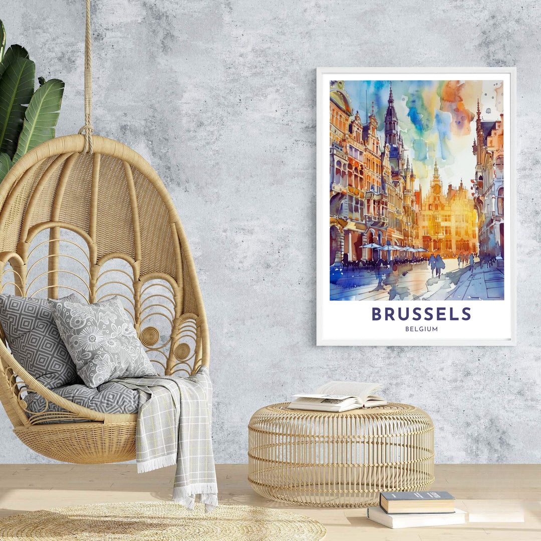 An enchanting art poster capturing the fluid color and timeless architectural majesty of Brussels Grand Place in Belgium. Offered by MapYourDreams, this artwork is available in flexible options including unframed paper, custom wooden frames, and gallery canvas wraps.