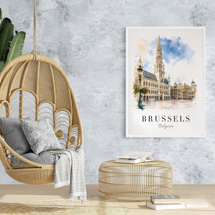 An enchanting art poster capturing the gentle color bleeds and timeless architectural majesty of Brussels Grand Place in Belgium. Offered by MapYourDreams, this artwork is available in flexible options including unframed paper, custom wooden frames, and gallery canvas wraps.