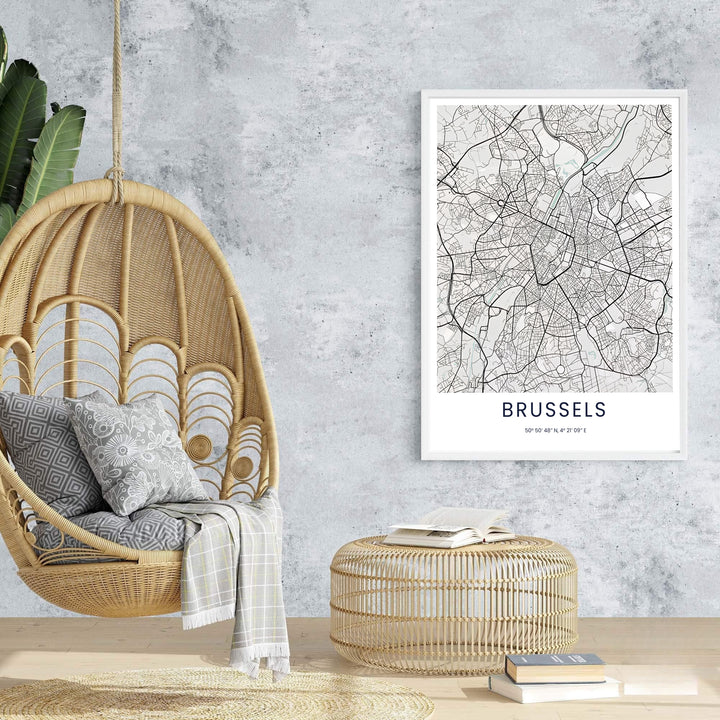 An enchanting map poster capturing the complete street layout and geographic coordinates of Brussels in Belgium in minimalist black and white. Offered by MapYourDreams, this artwork is available in flexible options including unframed paper, custom wooden frames, and gallery canvas wraps.