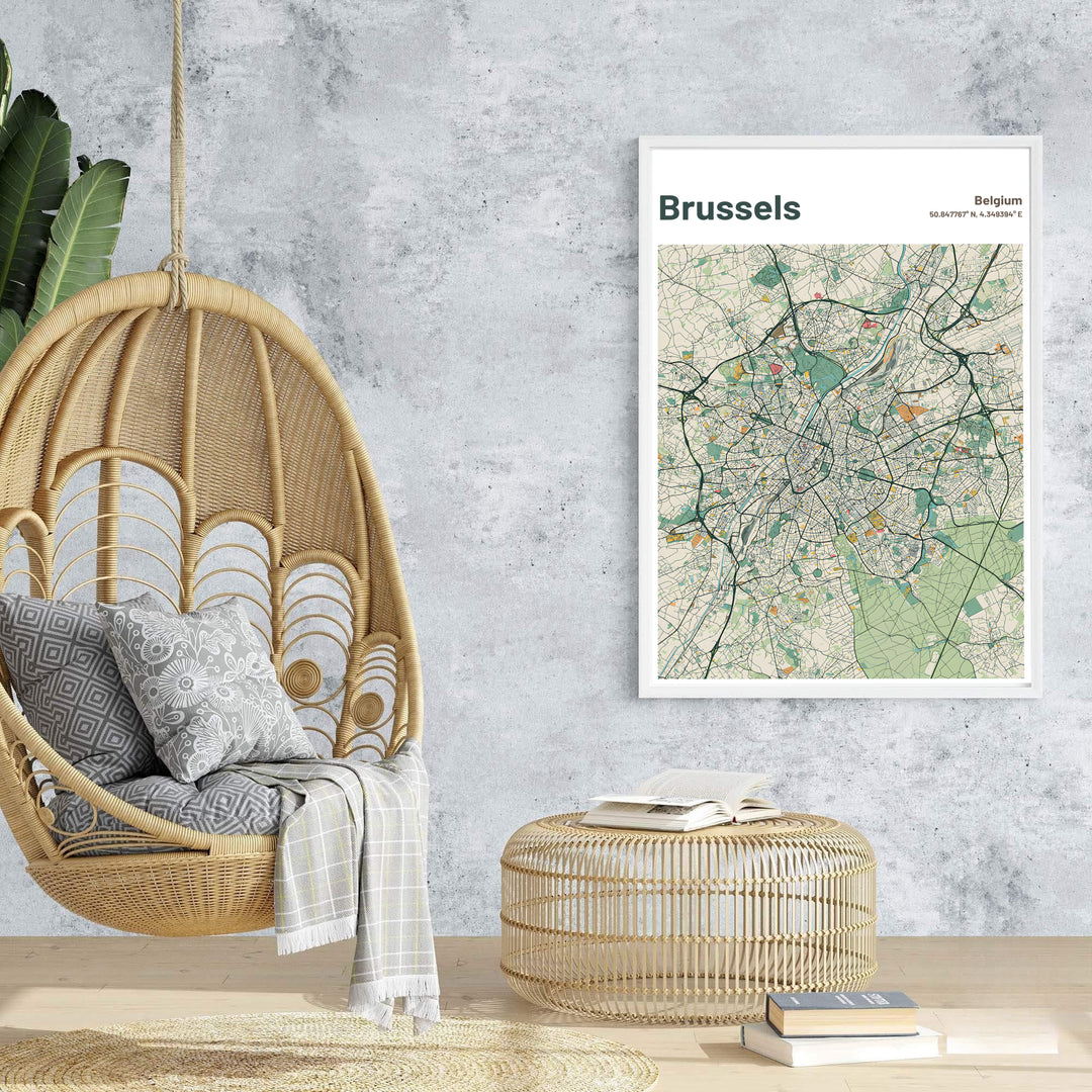 A picturesque Belgian city map print featuring muted green parks and charcoal road networks of Brussels in Belgium. Offered in flexible choices such as unframed archival poster paper, custom wood framing, and gallery canvas wraps.