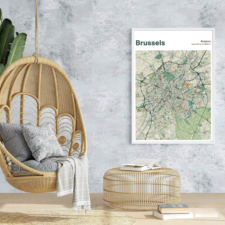 A picturesque Belgian city map print featuring muted green parks and charcoal road networks of Brussels in Belgium. Offered in flexible choices such as unframed archival poster paper, custom wood framing, and gallery canvas wraps.