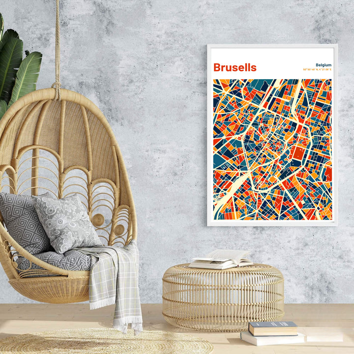 An enchanting map poster capturing the complete street layout and geographic coordinates of Brussels in Belgium in pop-art colors. Offered by MapYourDreams, this artwork is available in flexible options including unframed paper, custom wooden frames, and gallery canvas wraps.