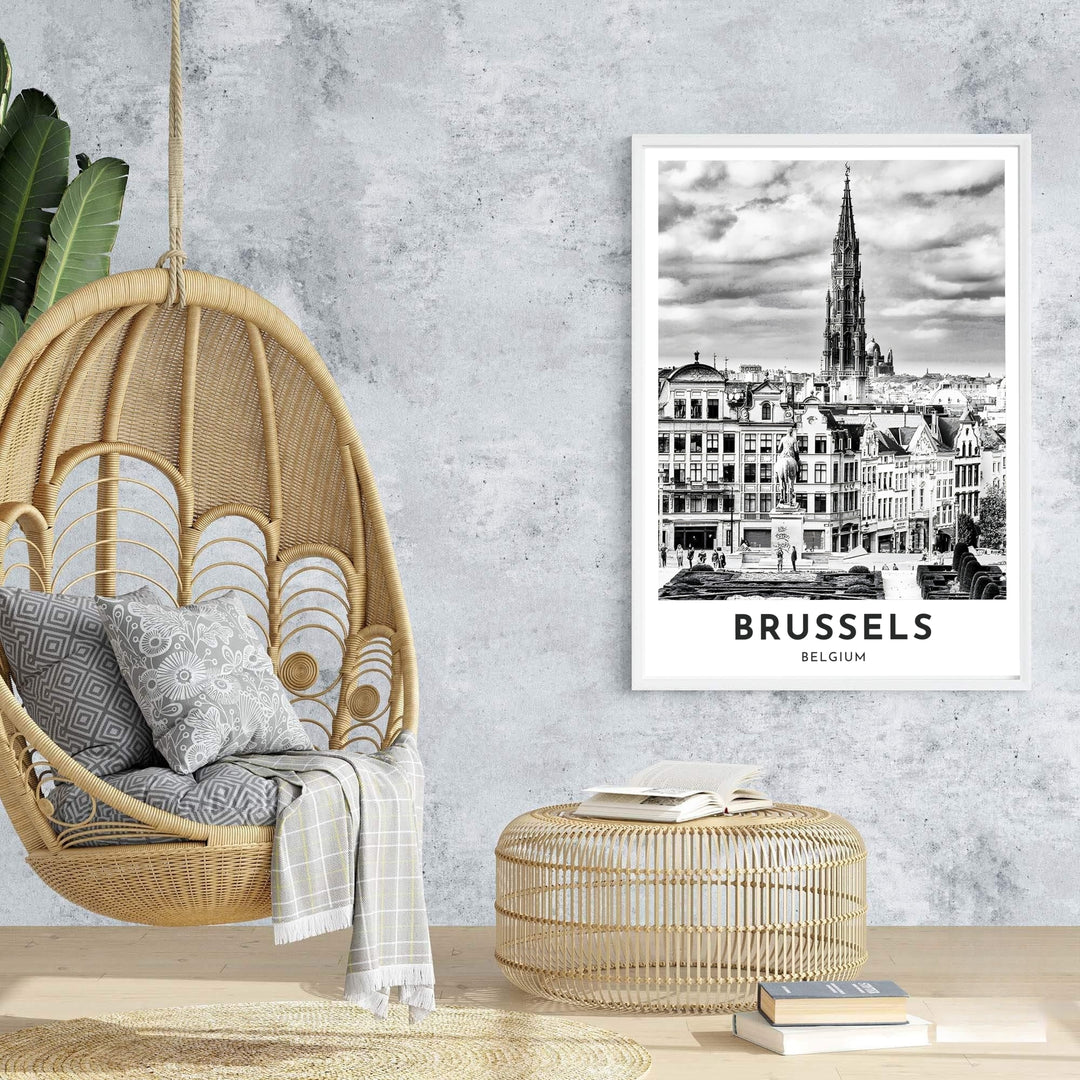 A picturesque Belgian cityscape print featuring intricate Gothic stone carvings and dramatic garden vistas at Mont des Arts in Brussels, Belgium. Offered in flexible choices such as unframed archival poster paper, custom wood framing, and gallery canvas wraps.