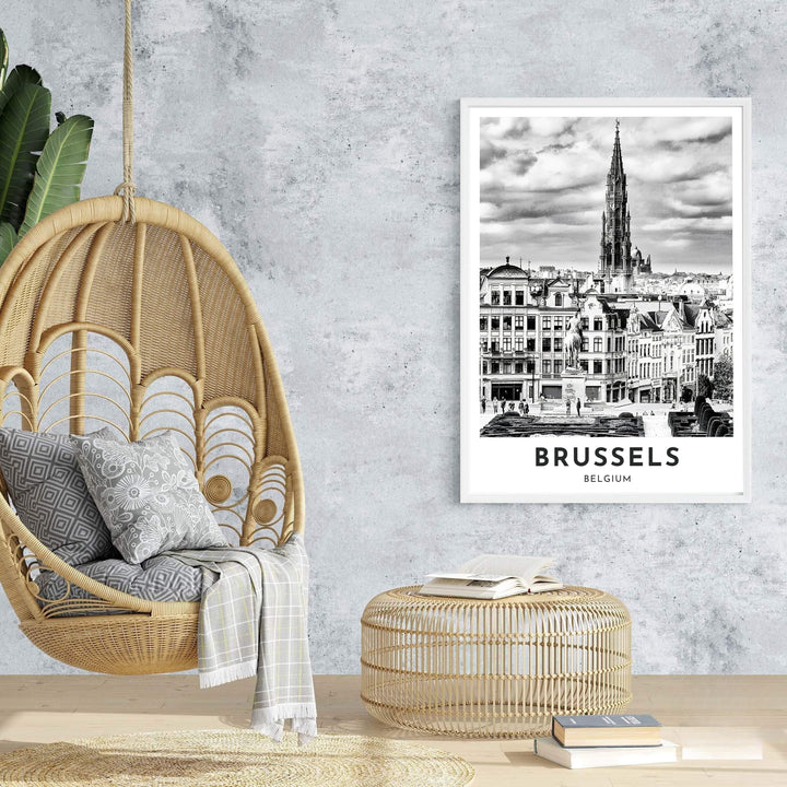 A picturesque Belgian cityscape print featuring intricate Gothic stone carvings and dramatic garden vistas at Mont des Arts in Brussels, Belgium. Offered in flexible choices such as unframed archival poster paper, custom wood framing, and gallery canvas wraps.