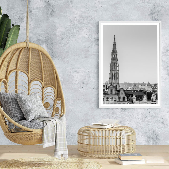 An enchanting photography poster capturing the delicate stone carvings and historic roof lines of Brussels, Belgium. Offered by MapYourDreams, this artwork is available in flexible options including unframed paper, custom wooden frames, and gallery canvas wraps.