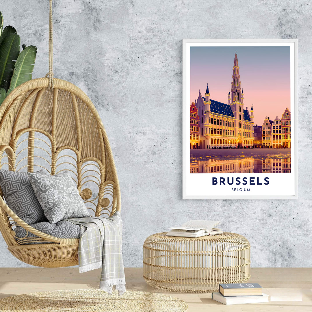 An enchanting photography-style graphic poster capturing the magical evening atmosphere of the Grand Place in Brussels, Belgium. Offered by MapYourDreams, this artwork is available in flexible options including unframed paper, custom wooden frames, and gallery canvas wraps.