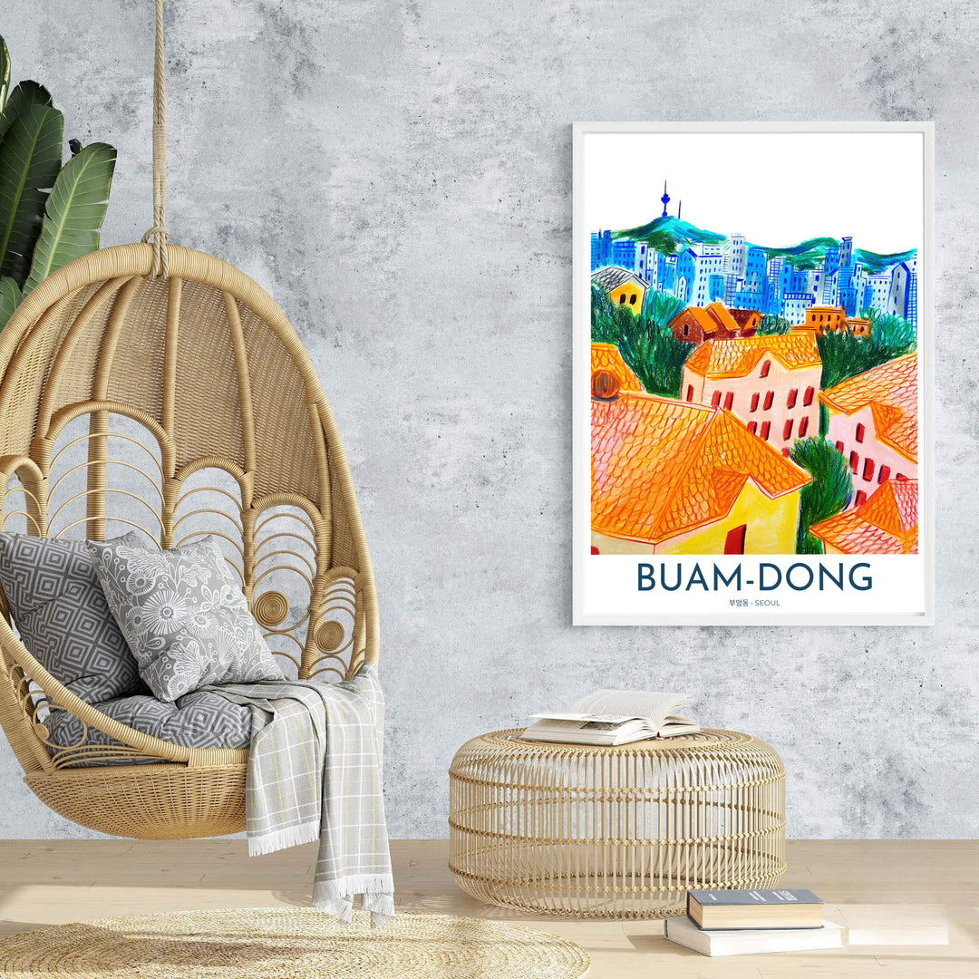 Sophisticated hand-sketched wall decor of Buam-dong, Seoul, showcasing vibrant terracotta roofs, lush pine greenery, and N Seoul Tower rendered in rich pencil strokes. Offered by MapYourDreams, this artwork is available in flexible options including unframed paper, custom wooden frames, and gallery canvas wraps.