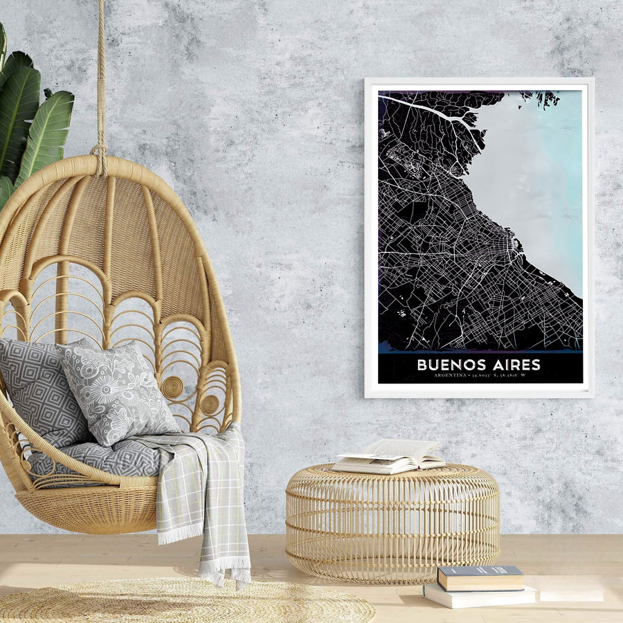High-quality city map print of Buenos Aires in Argentina showcasing the street web and coastal estuary outline. An exclusive from MapYourDreams, you can select your preferred style from borderless paper prints, custom wooden framing, or gallery canvas wraps.