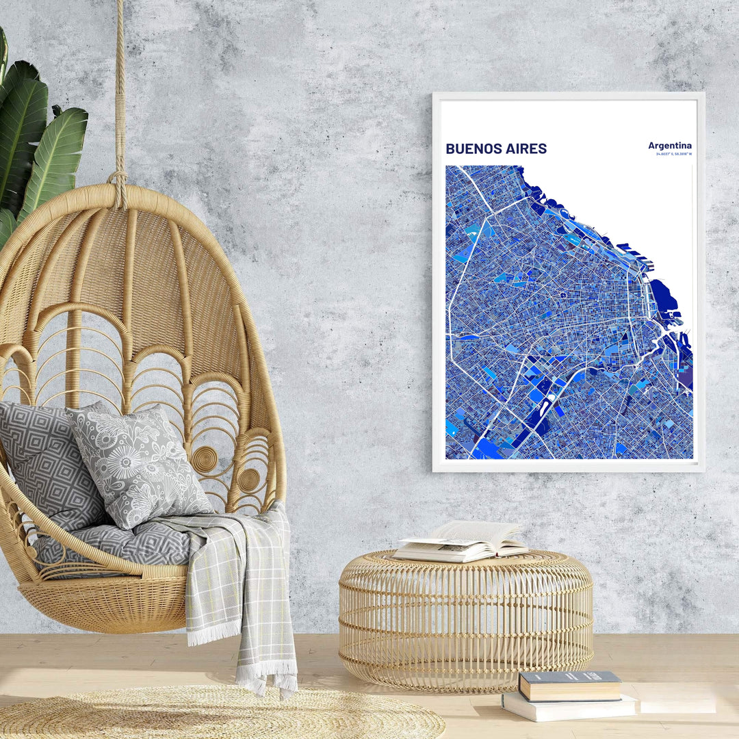 High-quality city map print of Buenos Aires in Argentina showcasing the street web and coastal estuary outline in royal blue. An exclusive from MapYourDreams, you can select your preferred style from borderless paper prints, custom wooden framing, or gallery canvas wraps.