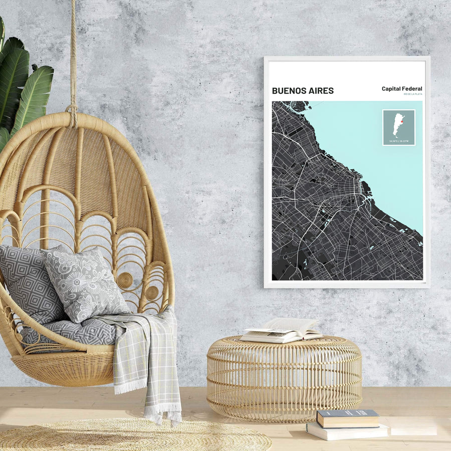 High-quality city map print of Buenos Aires in Argentina showcasing the street web and coastal estuary outline. An exclusive from MapYourDreams, you can select your preferred style from borderless paper prints, custom wooden framing, or gallery canvas wraps.
