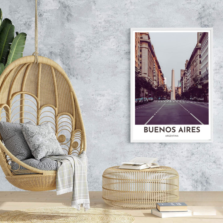 High-quality urban photograph of El Obelisco in Buenos Aires bringing timeless vintage film charm to interior wall styling. An exclusive from MapYourDreams, you can select your preferred style from borderless paper prints, custom wooden framing, or gallery canvas wraps.