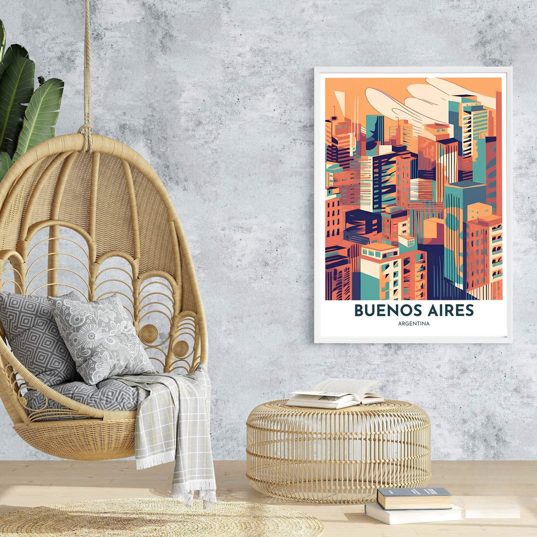 Scenic Argentina urban travel poster showcasing dense city architecture under a warm pastel orange sky. Handpicked for the MapYourDreams catalog, this artwork is available in flexible styles including unframed paper prints, wooden frames, or gallery canvas.