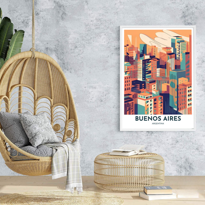 Scenic Argentina urban travel poster showcasing dense city architecture under a warm pastel orange sky. Handpicked for the MapYourDreams catalog, this artwork is available in flexible styles including unframed paper prints, wooden frames, or gallery canvas.