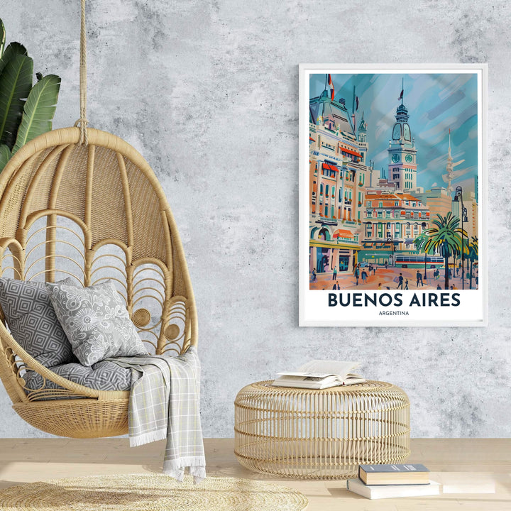 High-quality painterly cityscape print bringing the romantic architectural charm of Buenos Aires into modern living rooms. An exclusive from MapYourDreams, you can select your preferred style from borderless paper prints, custom wooden framing, or gallery canvas wraps.