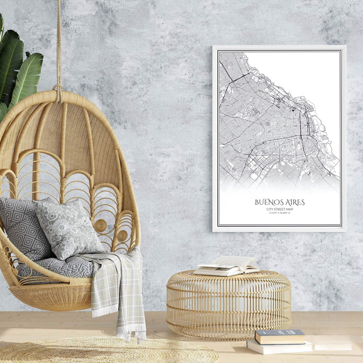 High-quality monochrome map print of central Buenos Aires adding sophisticated structure and travel memories to living rooms or study walls. An exclusive from MapYourDreams, you can select your preferred style from borderless paper prints, custom wooden framing, or gallery canvas wraps.