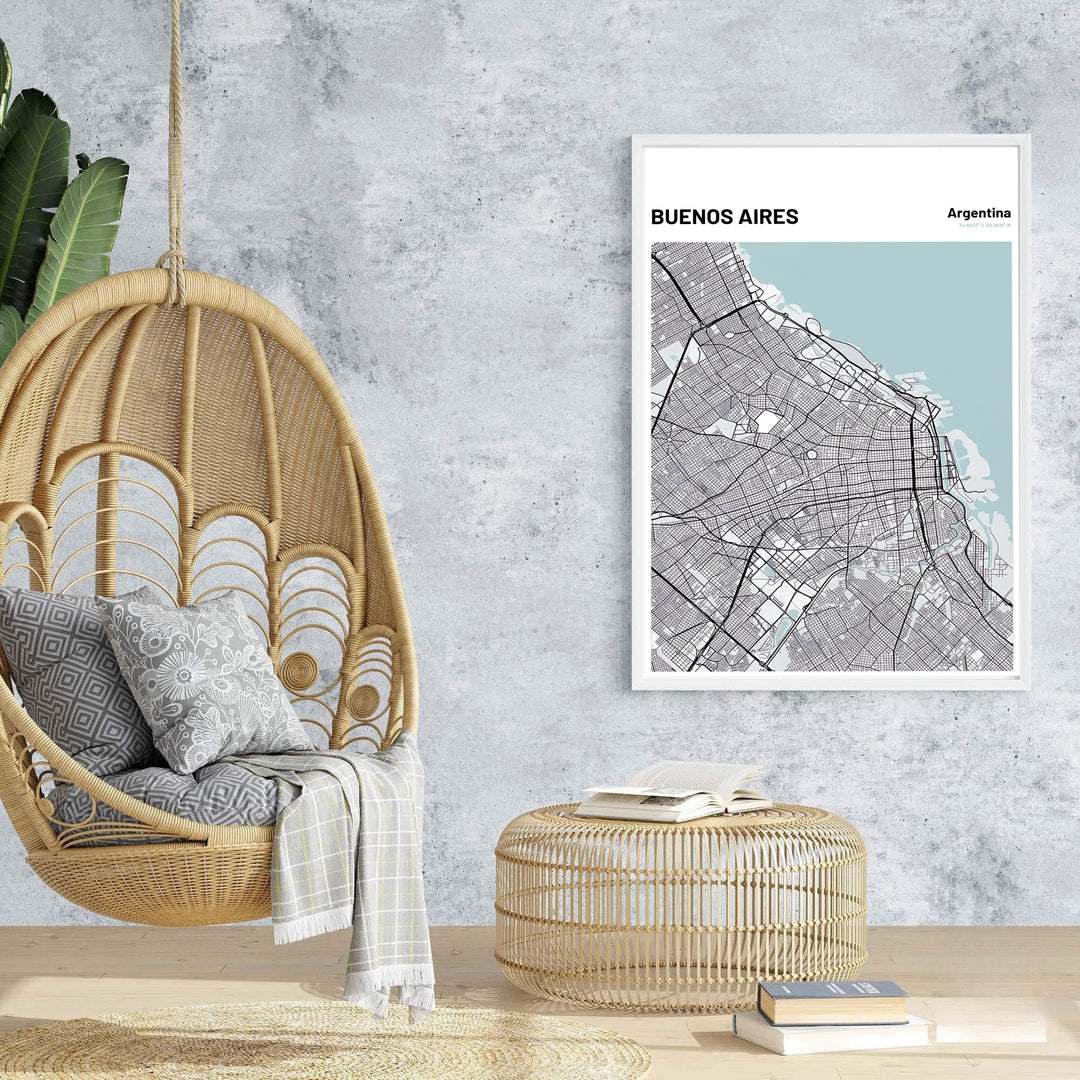 High-quality minimalist map print of central Buenos Aires bringing spatial clarity and travel memories to home offices or living rooms. An exclusive from MapYourDreams, you can select your preferred style from borderless paper prints, custom wooden framing, or gallery canvas wraps.
