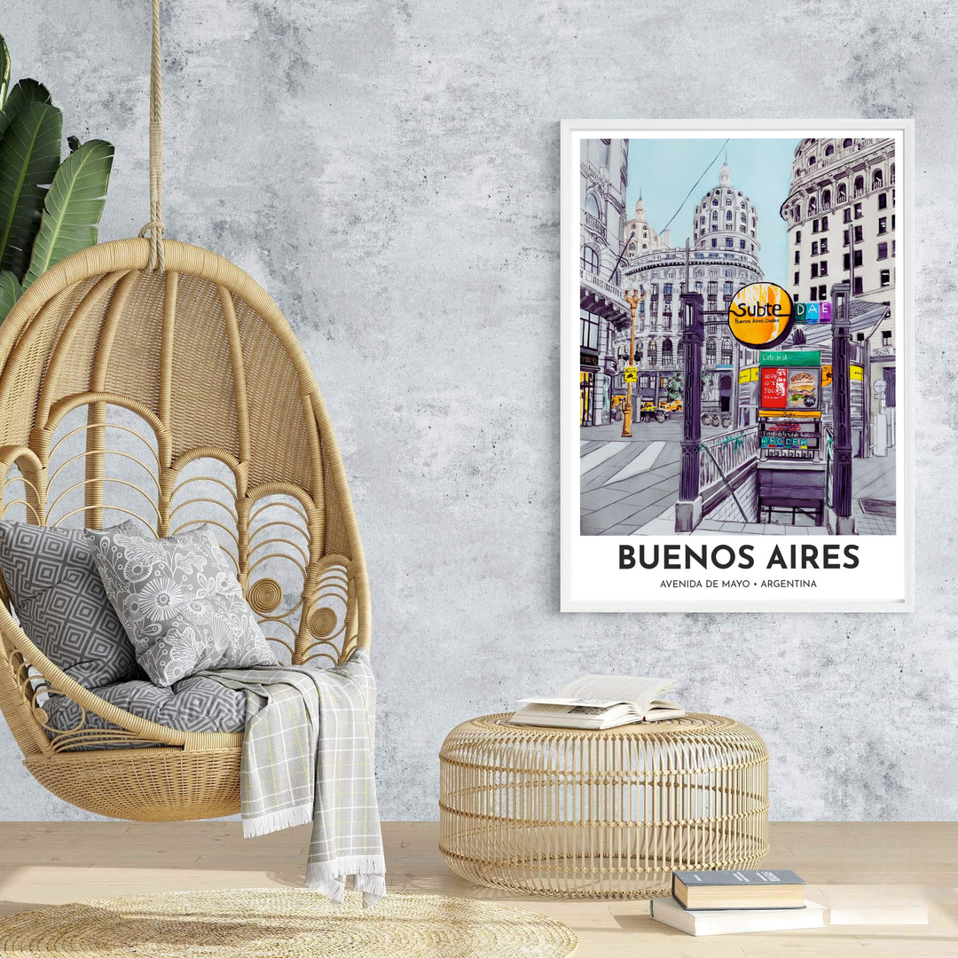 High-quality watercolor line print bringing the historic charm of Avenida de Mayo in Buenos Aires to living rooms or office walls. An exclusive from MapYourDreams, you can select your preferred style from borderless paper prints, custom wooden framing, or gallery canvas wraps.