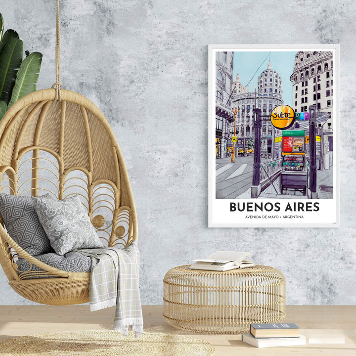 High-quality watercolor line print bringing the historic charm of Avenida de Mayo in Buenos Aires to living rooms or office walls. An exclusive from MapYourDreams, you can select your preferred style from borderless paper prints, custom wooden framing, or gallery canvas wraps.