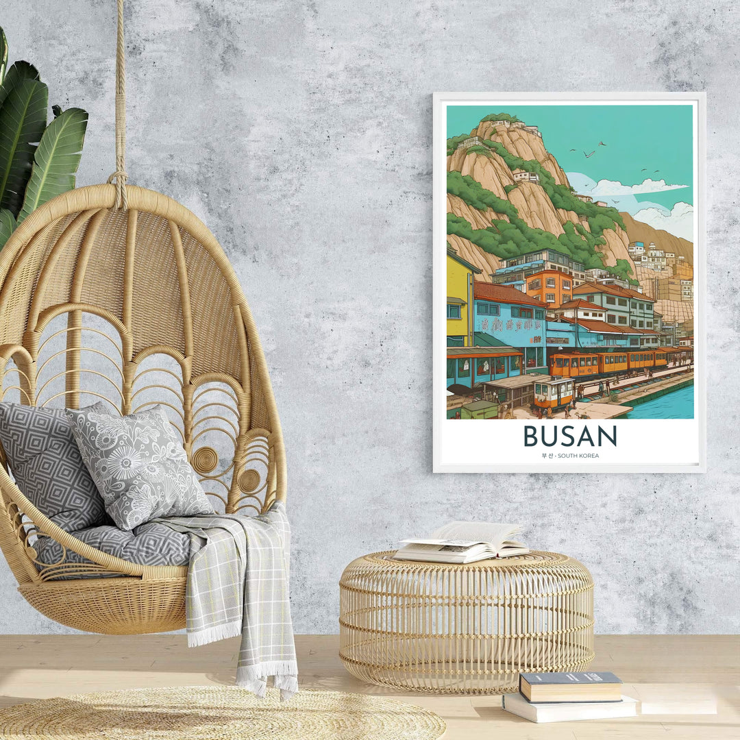 Sophisticated anime line-art travel poster of Busan, South Korea, featuring a seaside train route, colorful waterfront shopfronts, and lush cliffside greenery. Offered by MapYourDreams, this artwork is available in flexible options including unframed paper, custom wooden frames, and gallery canvas wraps.
