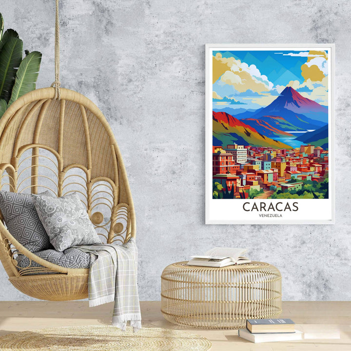 High-quality landscape print bringing graphic color energy, mountain majesty, and South American style into home interiors. An exclusive from MapYourDreams, you can select your preferred style from borderless paper prints, custom wooden framing, or gallery canvas wraps.