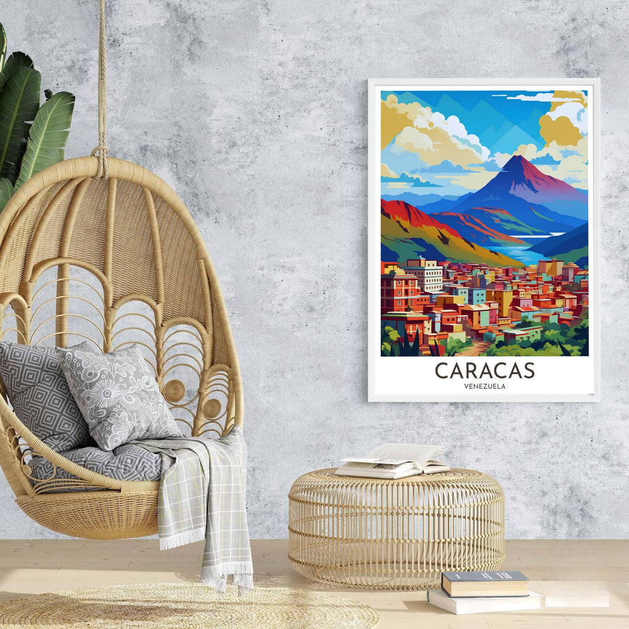 High-quality landscape print bringing graphic color energy, mountain majesty, and South American style into home interiors. An exclusive from MapYourDreams, you can select your preferred style from borderless paper prints, custom wooden framing, or gallery canvas wraps.