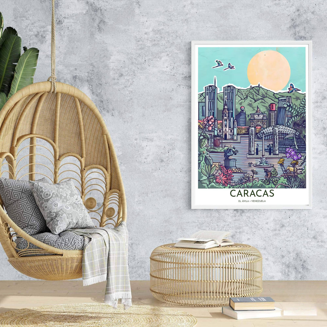 High-quality urban landscape print bringing playful graphic energy, tropical flora, and city character into home interiors. An exclusive from MapYourDreams, you can select your preferred style from borderless paper prints, custom wooden framing, or gallery canvas wraps.