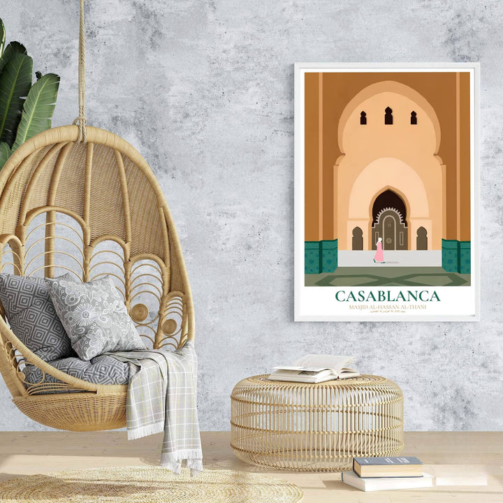 Travel poster of Casablanca Morocco featuring Hassan II Mosque with warm ochre walls and emerald green zellij tilework. Prepared by MapYourDreams, this artwork is available in flexible options including unframed paper, custom wooden frames, and gallery canvas wraps for chic home decor