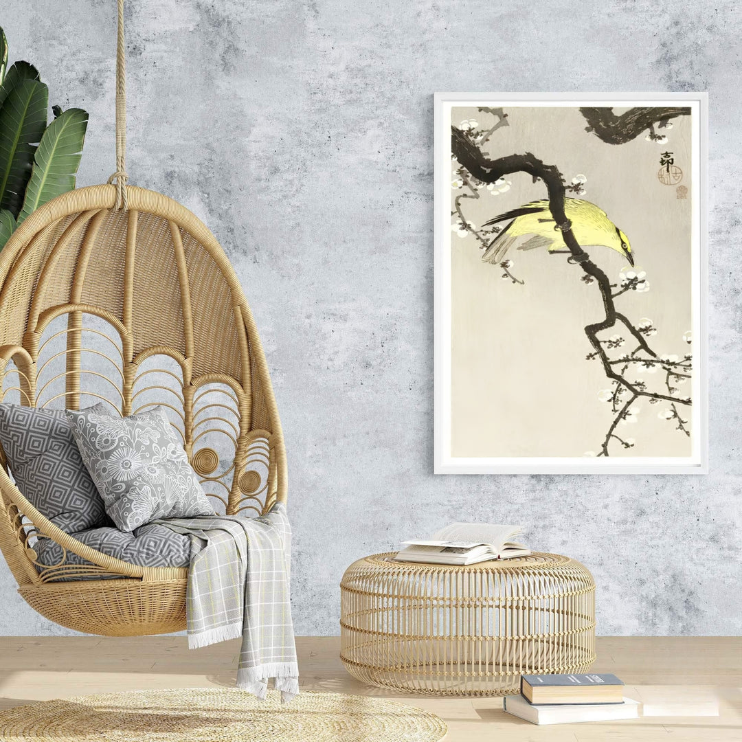 Elegant 1900 1910 Japanese oriental bird poster featuring a Chinese Oriole inspired by Nara garden culture. MapYourDreams features framed, unframed, and canvas print options for dining room wall art decor.