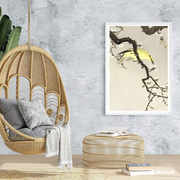 Elegant 1900 1910 Japanese oriental bird poster featuring a Chinese Oriole inspired by Nara garden culture. MapYourDreams features framed, unframed, and canvas print options for dining room wall art decor.
