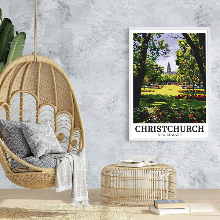 Deep forest greens and soft lilac skies lend a tranquil mood to this Christchurch Botanic Gardens travel print. Browse archival framed, unframed, and canvas options at MapYourDreams for art galleries.