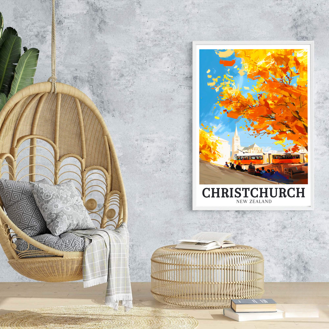 Deep orange canopy leaves and clear blue skies lend warmth to this Christchurch Heritage Trams travel print. Browse archival framed, unframed, and canvas options at MapYourDreams for galleries.