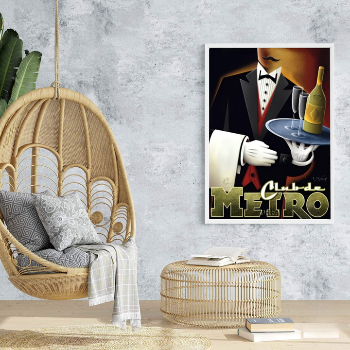 Vibrant Roaring Twenties poster of Club de Metro featuring geometric shading and warm golden lamp tones, offered at MapYourDreams with options for unframed paper prints, gallery-quality stretched canvas, or custom frame finishes for dark moody interior arrangements.