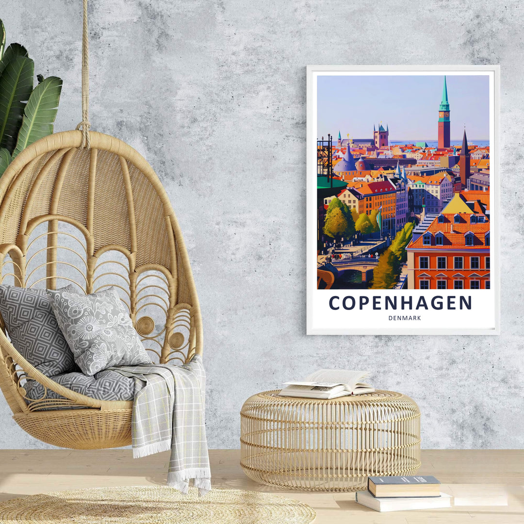 Colorful illustration of Copenhagen city center with historic towers and warm sunshine. Offered by MapYourDreams, this artwork is available in flexible options including unframed paper, custom wooden frames, and gallery canvas wraps.