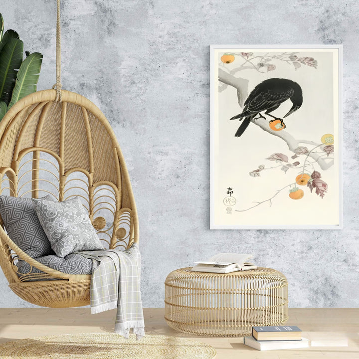Elegant 1900 1910 Japanese oriental raven poster featuring a crow inspired by Nara garden culture. MapYourDreams features framed, unframed, and canvas print options for dining room wall art decor.