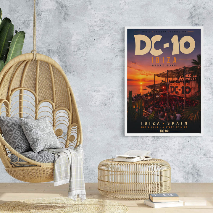 Summer clubbing memory print featuring golden lighting and party atmosphere at DC-10 in Ibiza, Spain, presented by MapYourDreams where users can select unframed paper posters, ready-to-hang canvas decor, or custom framed wall art choices.
