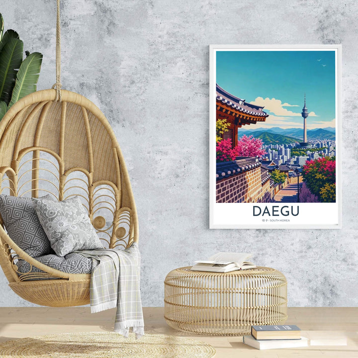 Sophisticated vintage vector travel poster of Daegu, South Korea, featuring traditional temple architecture, blooming flora, and distant urban skyline towers. Offered by MapYourDreams, this artwork is available in flexible options including unframed paper, custom wooden frames, and gallery canvas wraps.