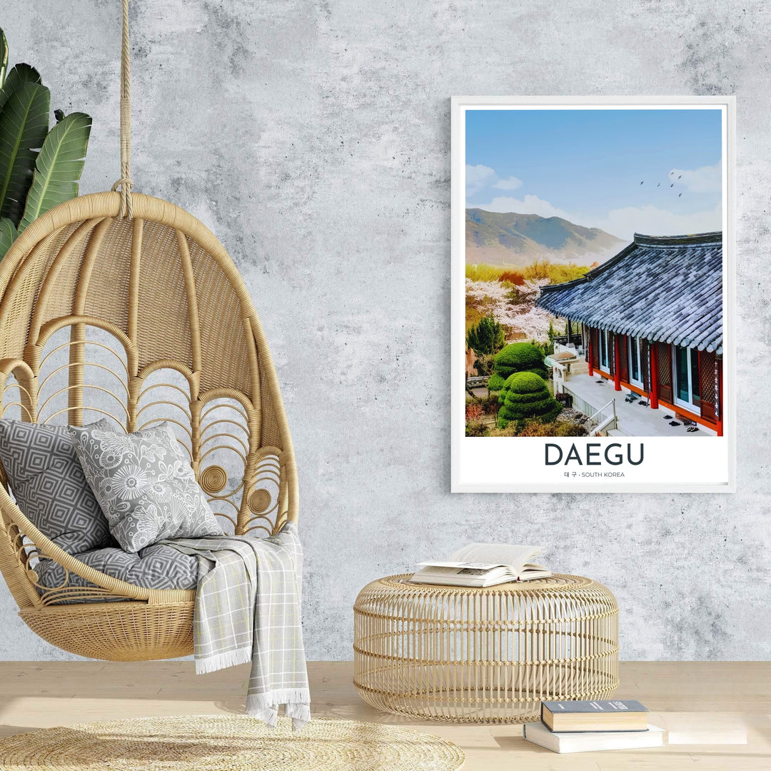 Sophisticated Asian art print of Donghwasa Temple in Daegu, South Korea, presenting a serene mountain retreat framed by classic wooden eaves and blooming garden trees. Offered by MapYourDreams, this artwork is available in flexible options including unframed paper, custom wooden frames, and gallery canvas wraps.