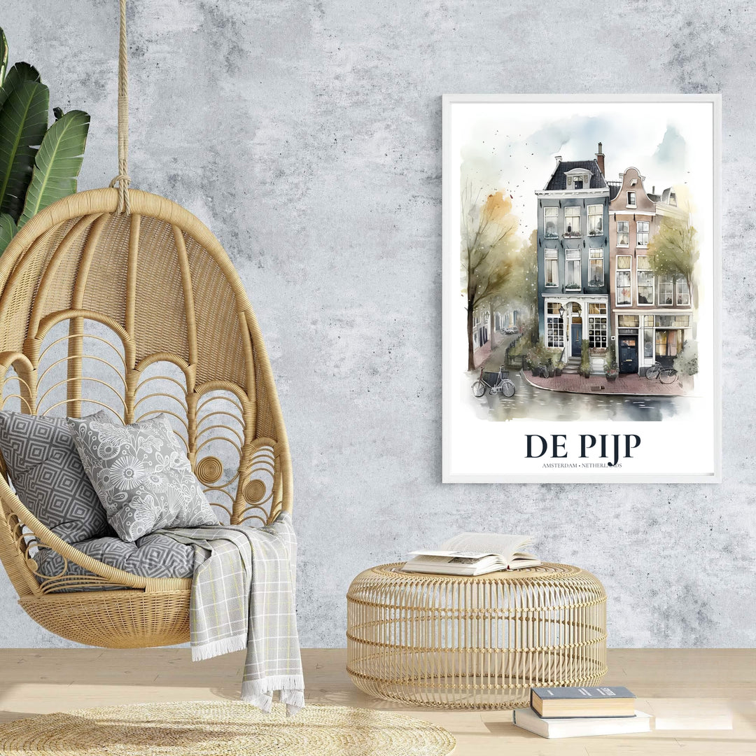 Scenic watercolor city poster of traditional De Pijp neighborhood facades and peaceful street details, offered at MapYourDreams with options for unframed paper prints, gallery-quality stretched canvas, or custom frame finishes for warm, stylish interior arrangements.