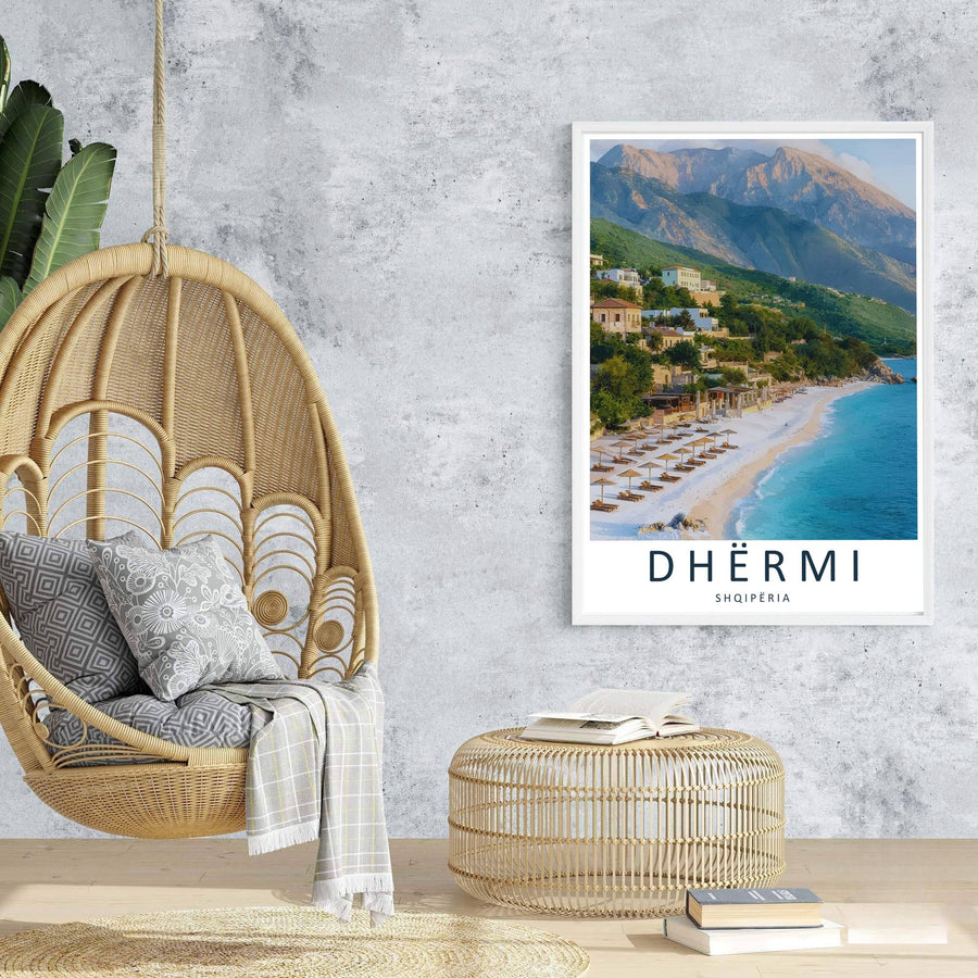 The white pebble shoreline of Dhërmi curves along pristine ocean waters under the watchful gaze of Albania’s coastal mountain range. Offered in customizable options such as unframed archival paper, wood framing, and stretched canvas wraps.