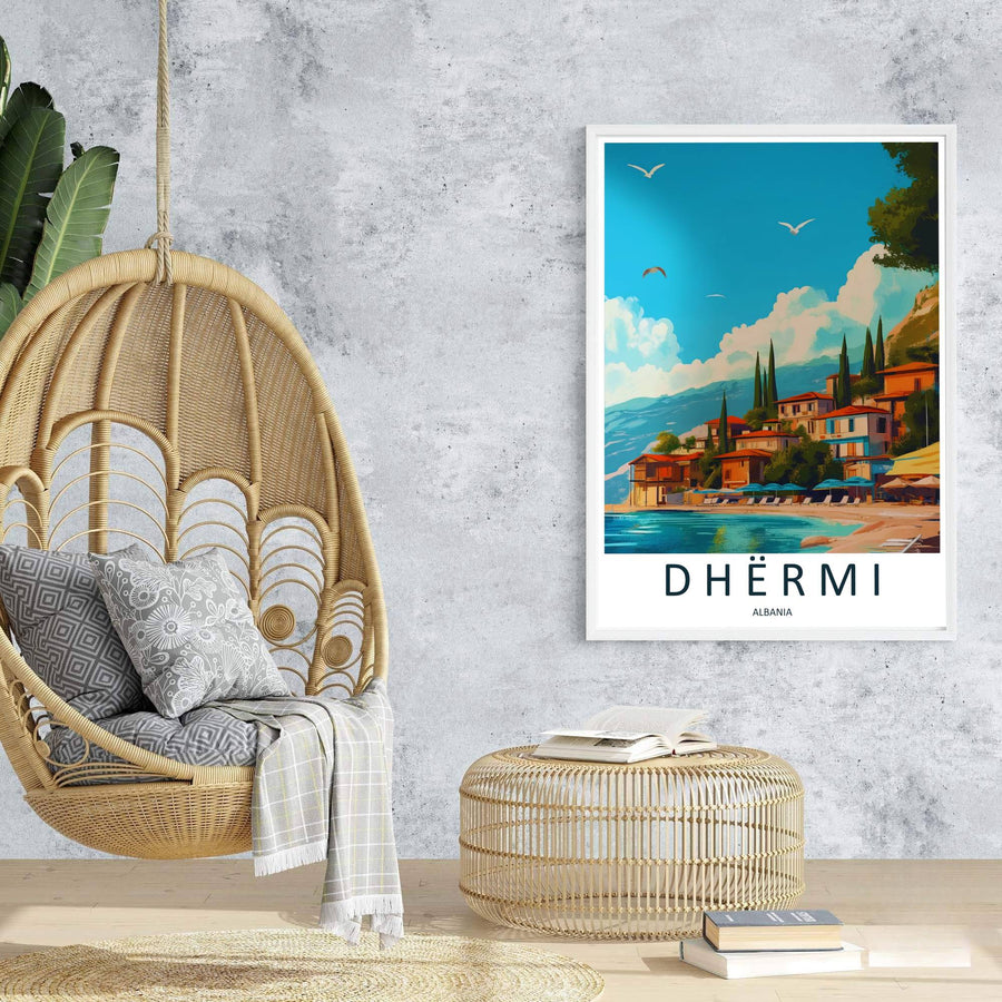 Soaring sea birds fly above the picturesque hillside village and turquoise bay of Dhërmi in this retro-inspired European print. Offered by MapYourDreams, this artwork is available in flexible options including unframed paper, custom wooden frames, and gallery canvas wraps.