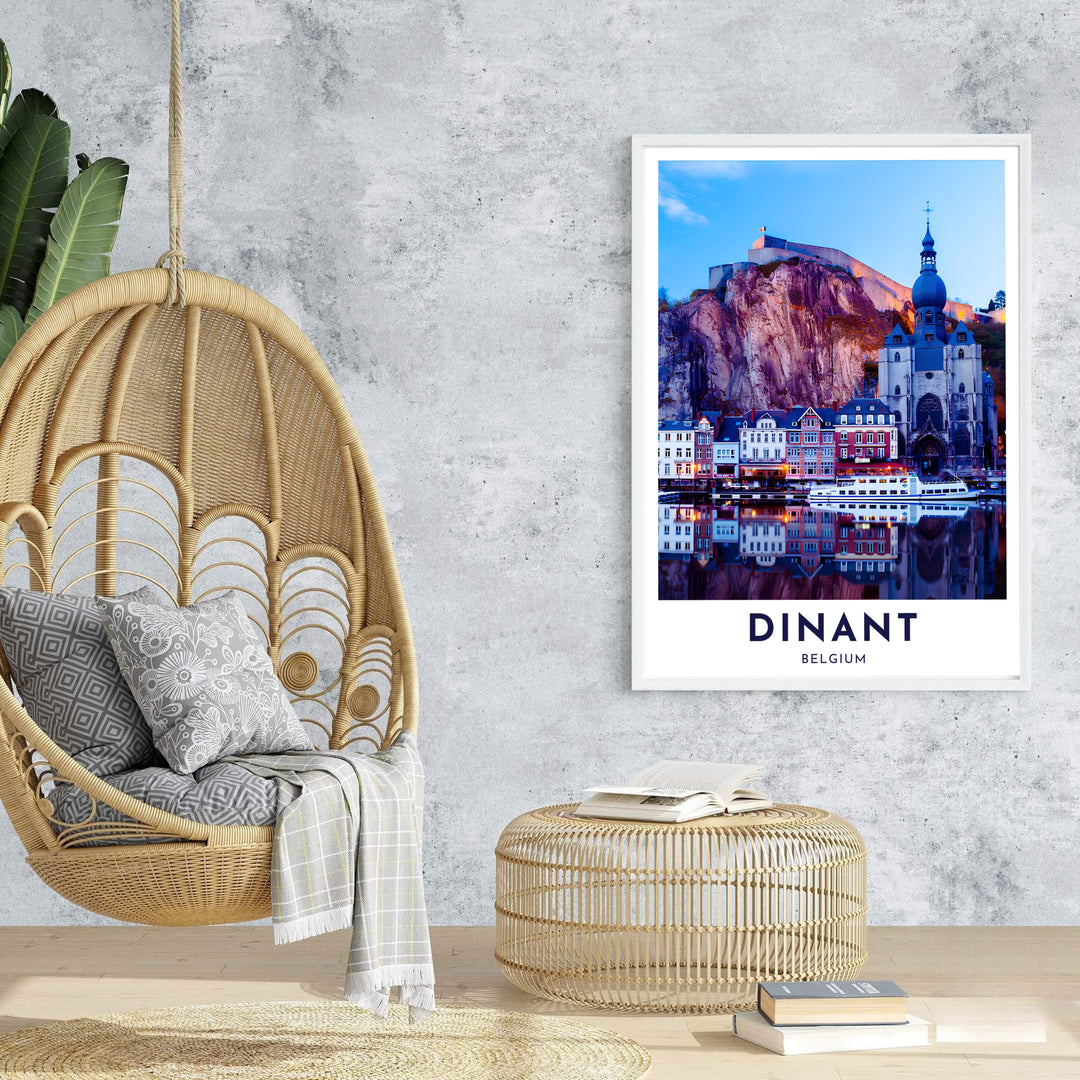 An enchanting photo poster capturing the evening ambiance and mirror reflections along the water in Dinant, Belgium. Offered by MapYourDreams, this artwork is available in flexible options including unframed paper, custom wooden frames, and gallery canvas wraps.
