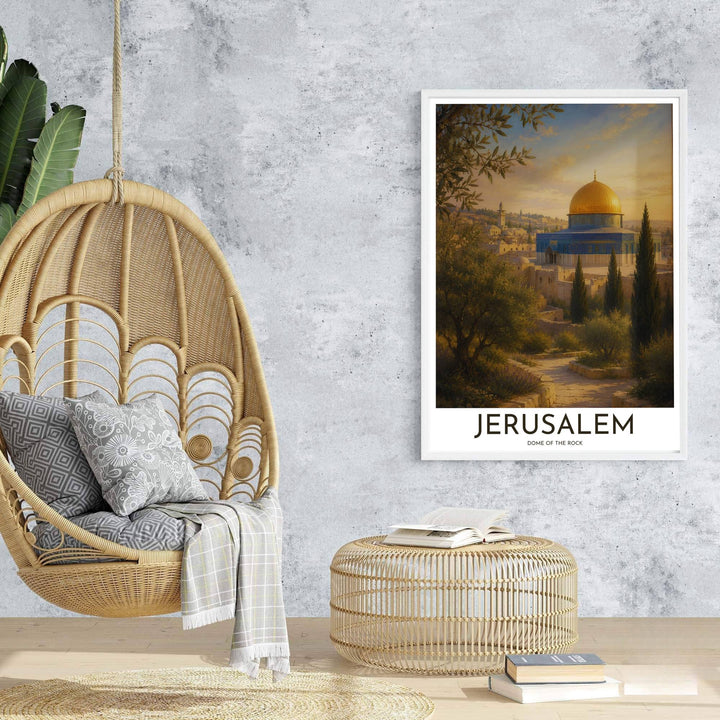 Travel poster of Jerusalem featuring Dome of the Rock under a glowing sunset sky with warm ochre and olive green tones. Prepared by MapYourDreams, this artwork is available in flexible options including unframed paper, custom wooden frames, and gallery canvas wraps for chic home decor.