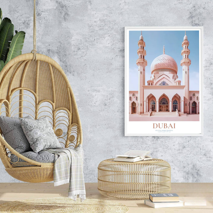 Scenic UAE architecture poster of Dubai Jumeirah Mosque rendered in a crisp, warm-toned pastel vector aesthetic. Developed by MapYourDreams, this artwork is available in flexible options including unframed paper, custom wooden frames, and gallery canvas wraps for hallway wall decor.
