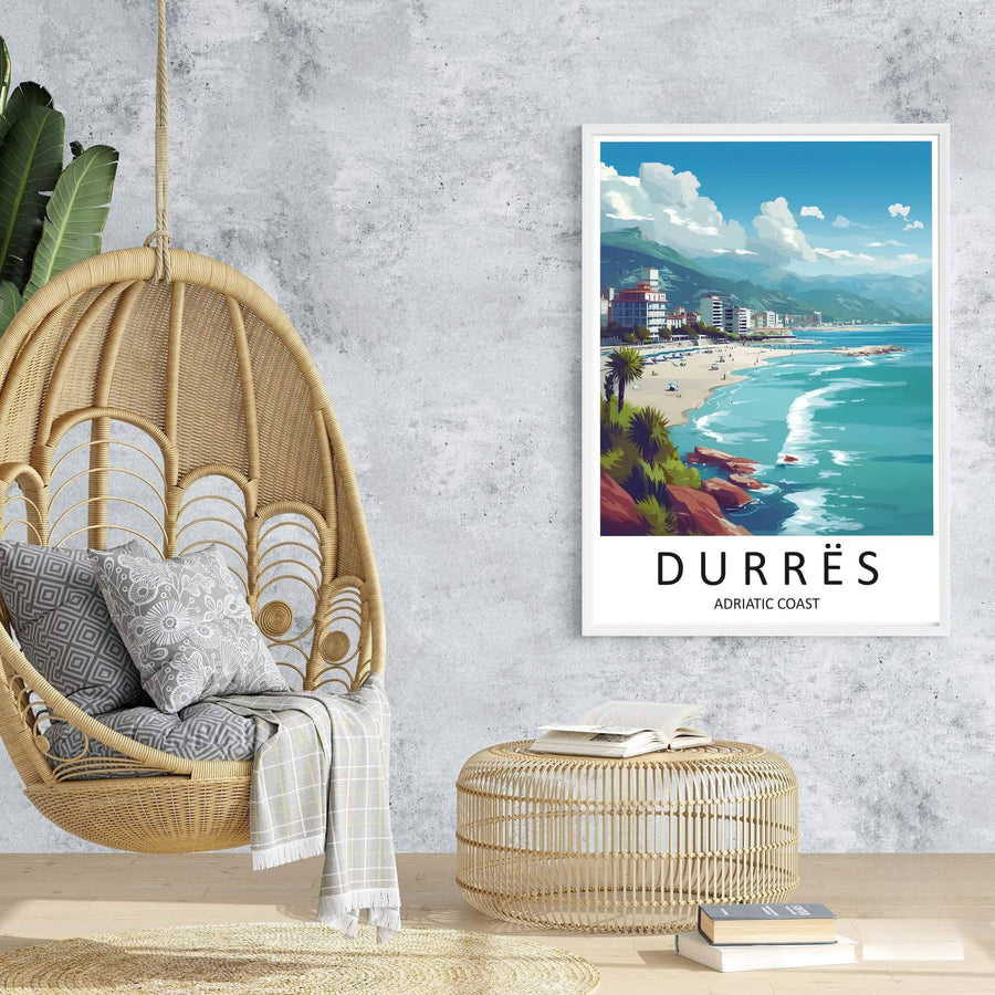 Majestic blue mountains rise behind the waterfront buildings of Durrës in this retro-inspired European coastal art poster. Offered in customizable options such as unframed archival paper, wood framing, and stretched canvas wraps.