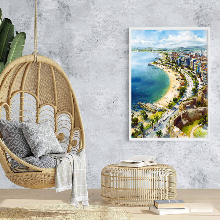 Stylish Albania wall art capturing the historic charm and beach scenery of Durrës in fluid watercolor washes, suitable for gallery walls. Offered by MapYourDreams, this artwork is available in flexible options including unframed paper, custom wooden frames, and gallery canvas wraps.