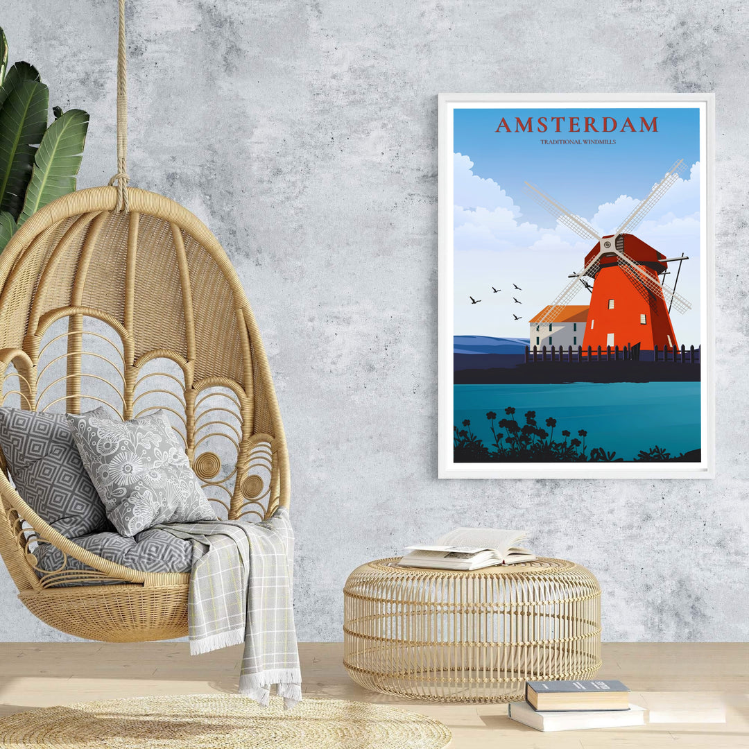 Vibrant retro city poster of traditional Dutch windmill architecture and peaceful coastal views in Amsterdam Netherlands, offered at MapYourDreams with options for unframed paper prints, gallery-quality stretched canvas, or custom frame finishes for bright home interior arrangements.
