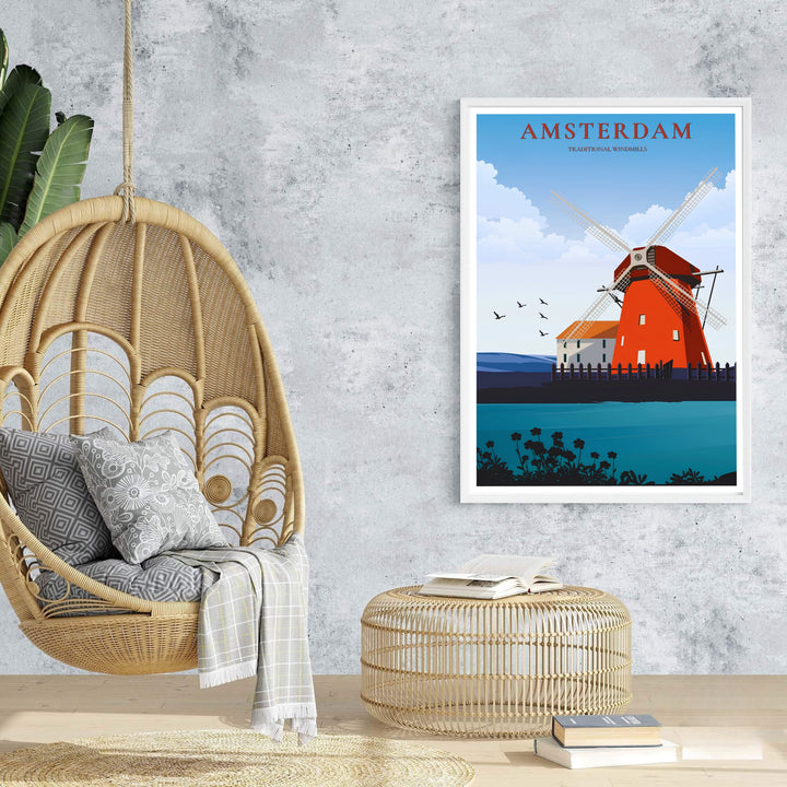 Vibrant retro city poster of traditional Dutch windmill architecture and peaceful coastal views in Amsterdam Netherlands, offered at MapYourDreams with options for unframed paper prints, gallery-quality stretched canvas, or custom frame finishes for bright home interior arrangements.